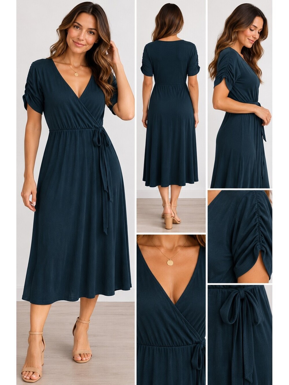 Terra & Sky 0X 14W Dark Teal Wrap Midi Dress Ruched Sleeve Side Tie